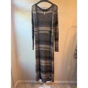 Free People Knit Maxi Duster Gray Beige Striped Long Sleeve Bohemian XS